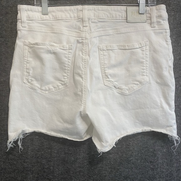 Paige Sarah Longline Denim Shorts Womens 32 White Frayed Distressed Button Fly - Picture 5 of 9